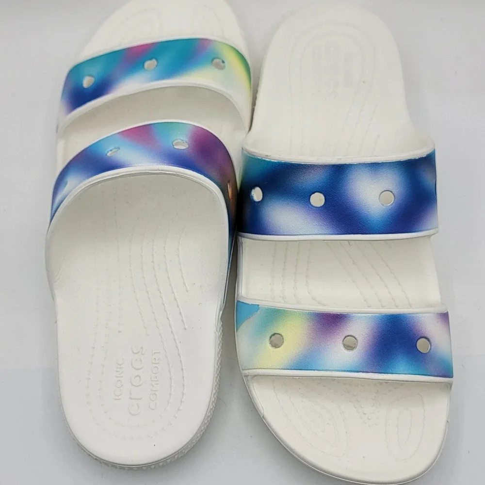 Crocs Classic Sandal White Multi Solarized Spray Double Strap Womens 10